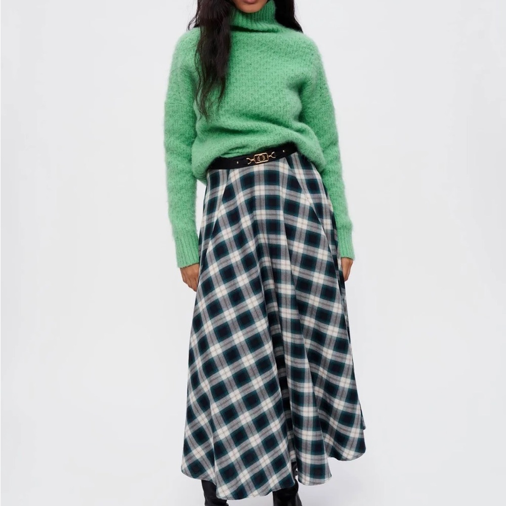 MAJE GREEN AND WHITE CHECKED COTTON SKIRT